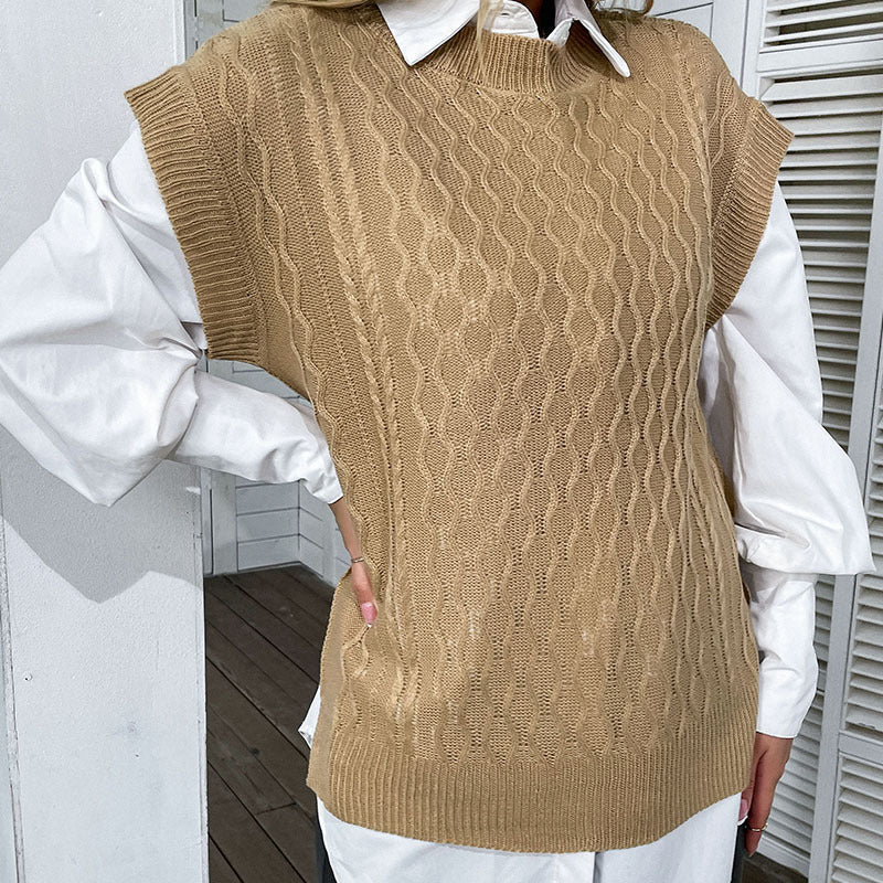 Damen Oversize Strickweste mit Zopfmuster und Rundhalsausschnitt Shop Nory