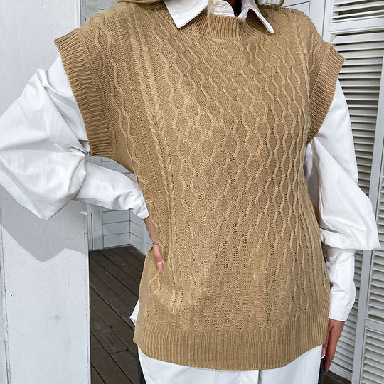Damen Oversize Strickweste mit Zopfmuster und Rundhalsausschnitt Shop Nory