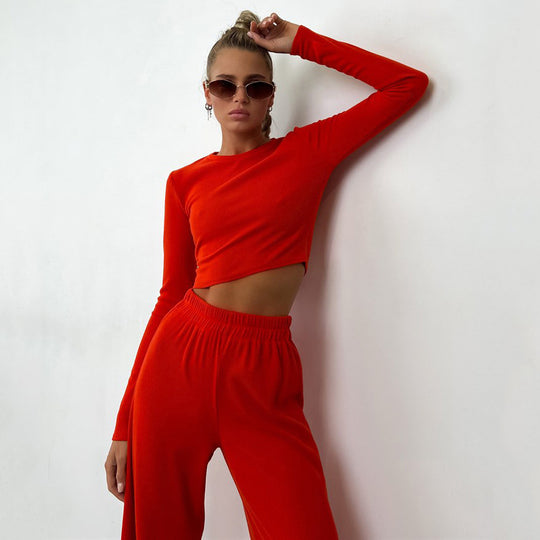Damen geripptes Cropped-Langarmshirt mit U-Boot-Ausschnitt und High-Waist Palazzo-Hose Shop Nory