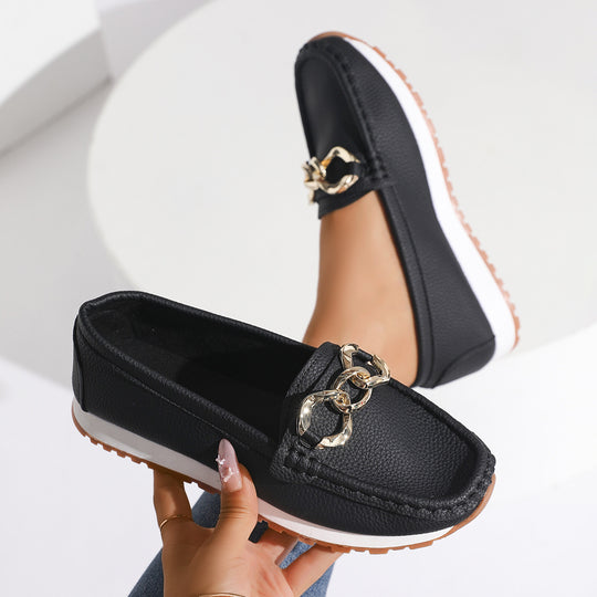 Damen Modische Mokassin‑Slipper mit goldener Gliederkette und profilierter Gummisohle Shop Nory