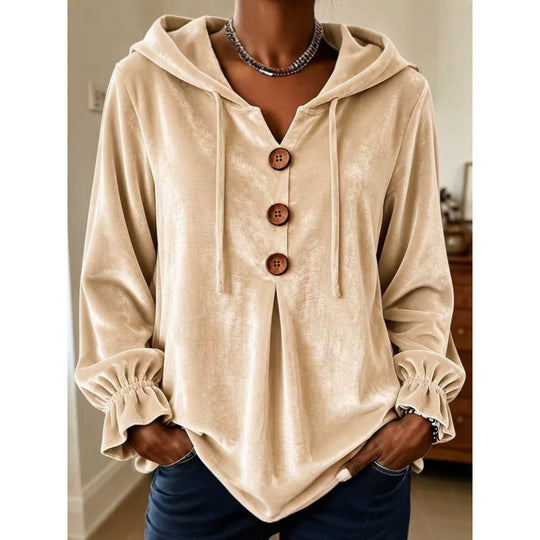 Damen Samt-Hoodie mit Holzknopfblende, Tunnelzug und gerafften Ärmeln Shop Nory