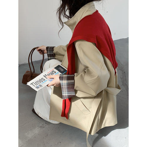 Damen Oversize Trenchcoat mit Taillengürtel und karierter Ärmelaufschlag Shop Nory