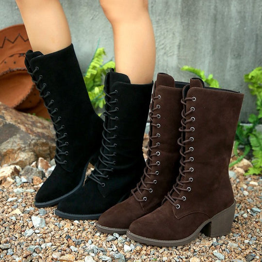Damen Elegante Schnürstiefel aus Veloursoptik mit mittelhohem Schaft und komfortablem Blockabsatz Shop Nory