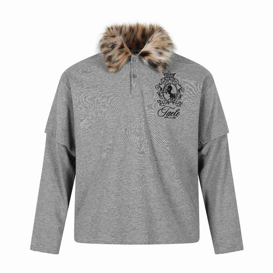 Damen Layered-Optik Langarm-Polo mit Kunstfellkragen und Wappenstickerei Shop Nory