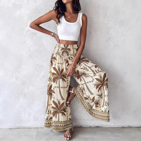 Damen Maxirock mit hoher Smok-Taille und luftigem Boho-Palmendruck Shop Nory