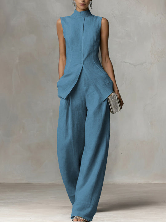 Damen Ärmelloser Leinen-Jumpsuit mit Stehkragen und weitem Bein Shop Nory