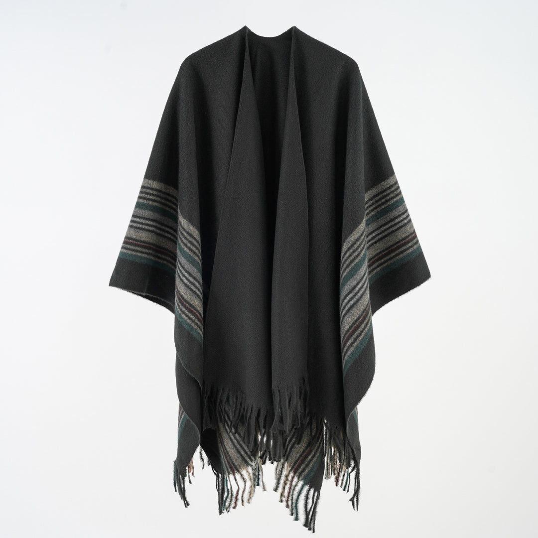 Damen Weichfallender Umlegeponcho mit gestreifter Bordüre und Fransensaum Shop Nory