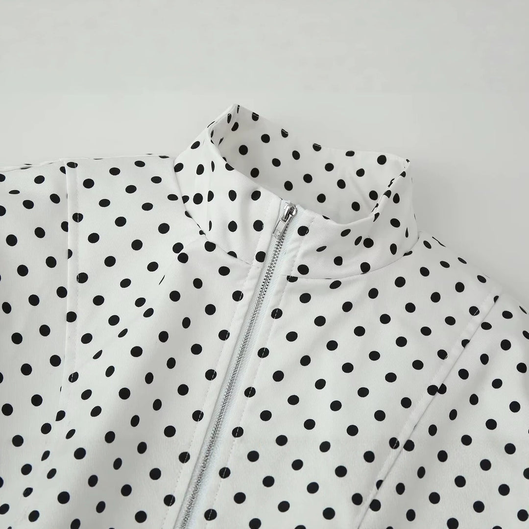 Damen Cropped Blousonjacke im Retro-Punkteprint mit Stehkragen und figurgebenden Teilnähten Shop Nory