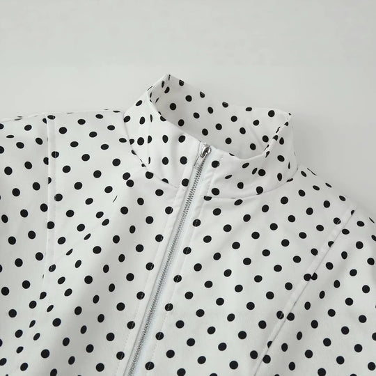 Damen Cropped Blousonjacke im Retro-Punkteprint mit Stehkragen und figurgebenden Teilnähten Shop Nory