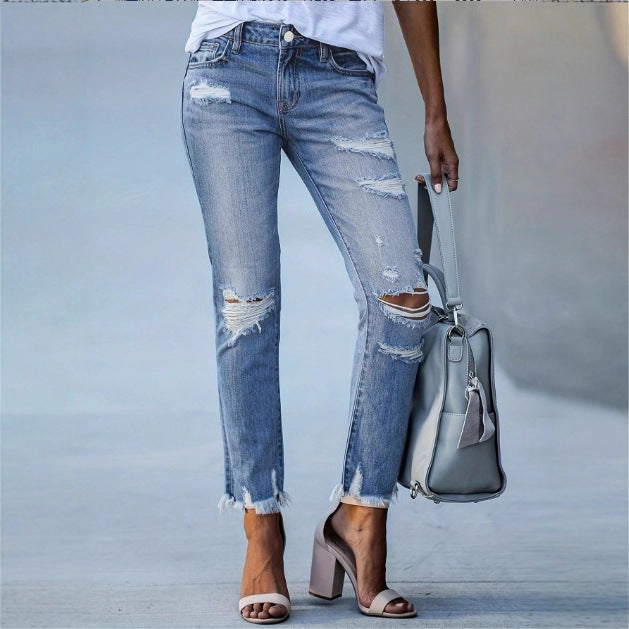 Damen Lässige Cropped-Jeans mit Zerrissenem Destroy-Design, hoher Taille und asymmetrischem Fransenabschluss Shop Nory