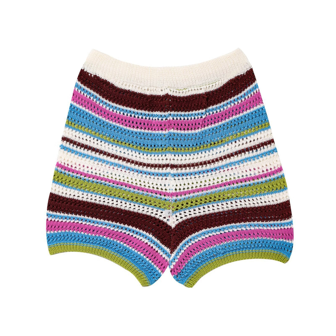 Damen luftige Strickshorts mit buntem Streifenmuster