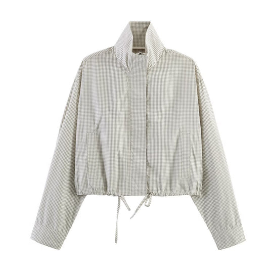 Damen Cropped Windjacke mit Stehkragen, Karo-Muster und Tunnelzug Shop Nory