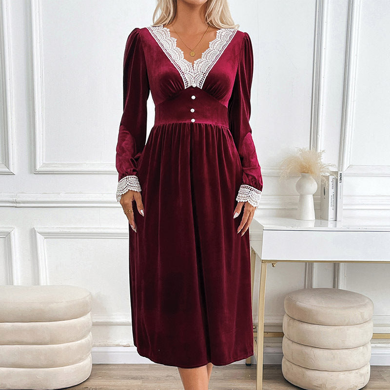 Damen Samt-Midikleid mit Spitzendekor, V Ausschnitt und taillierter Empire Silhouette Shop Nory