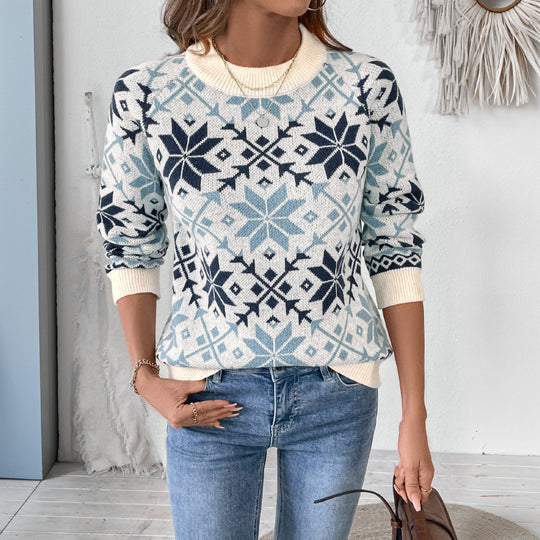 Damen Norwegermuster Strickpullover mit Rundhals, Rippbündchen und Relaxed‑Fit Shop Nory