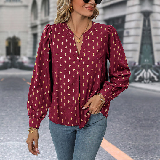 Damen Locker fallende Viskose‑Feinbluse mit Stehkragen, V‑Ausschnitt und Balloonärmeln Shop Nory