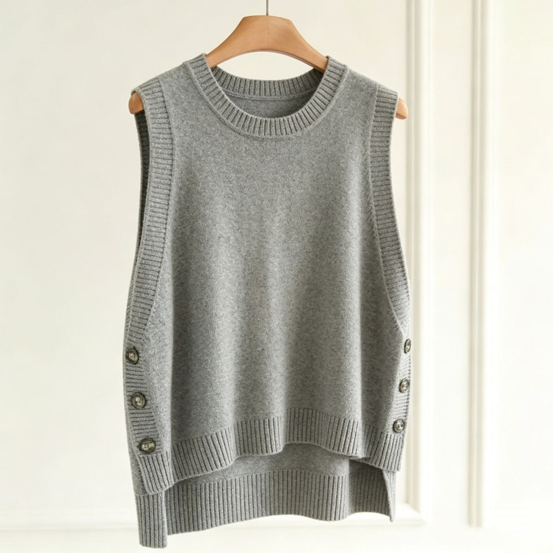 Damen Strickweste mit seitlichen Knopfleisten und Rundhalsausschnitt Shop Nory