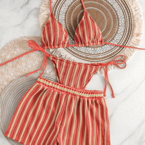 Damen Bikini-Set mit gerafftem Oberteil und hoch taillierten Shorts