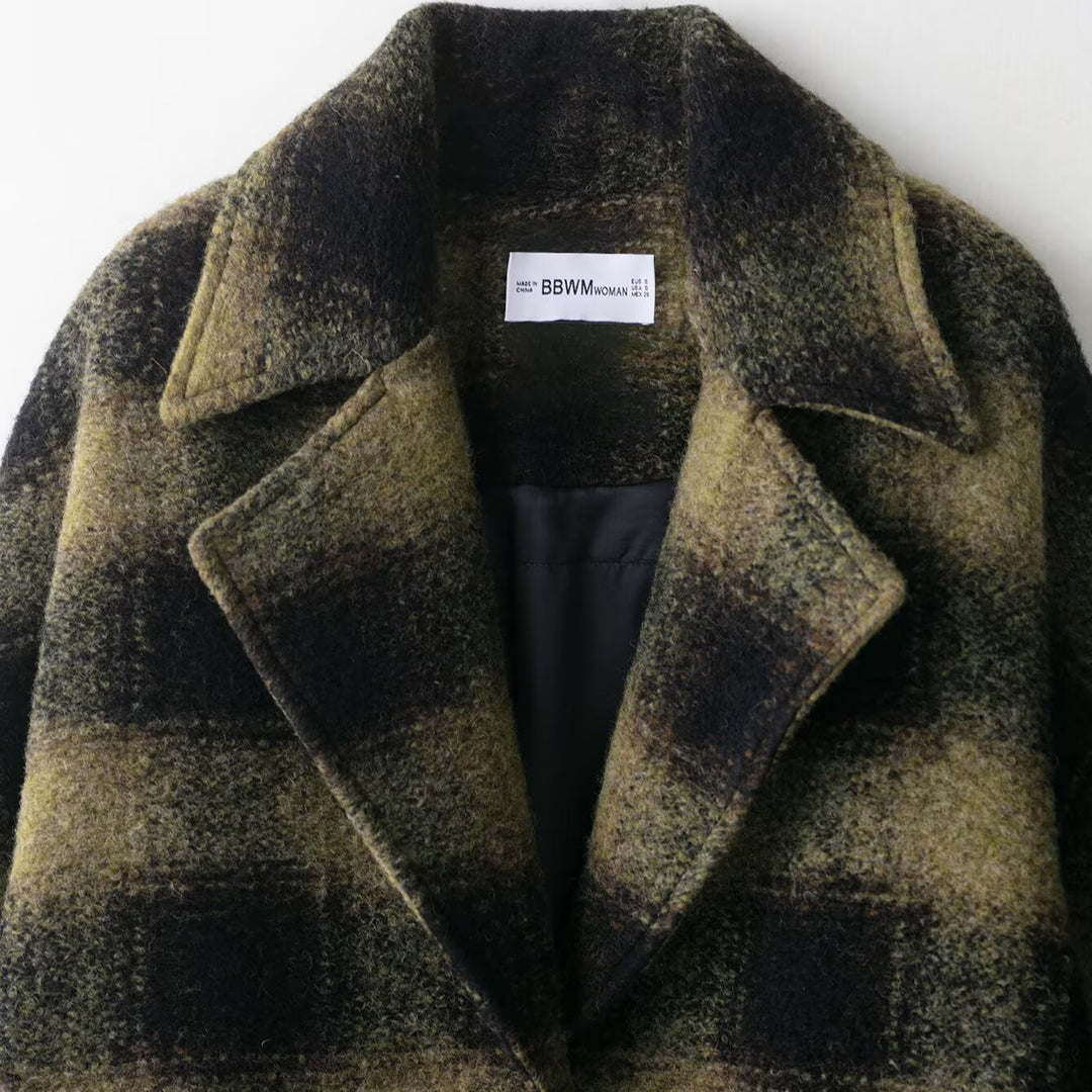 Damen Oversize Wollmix-Mantel mit Karomuster, Reverskragen und aufgesetzten Taschen Shop Nory