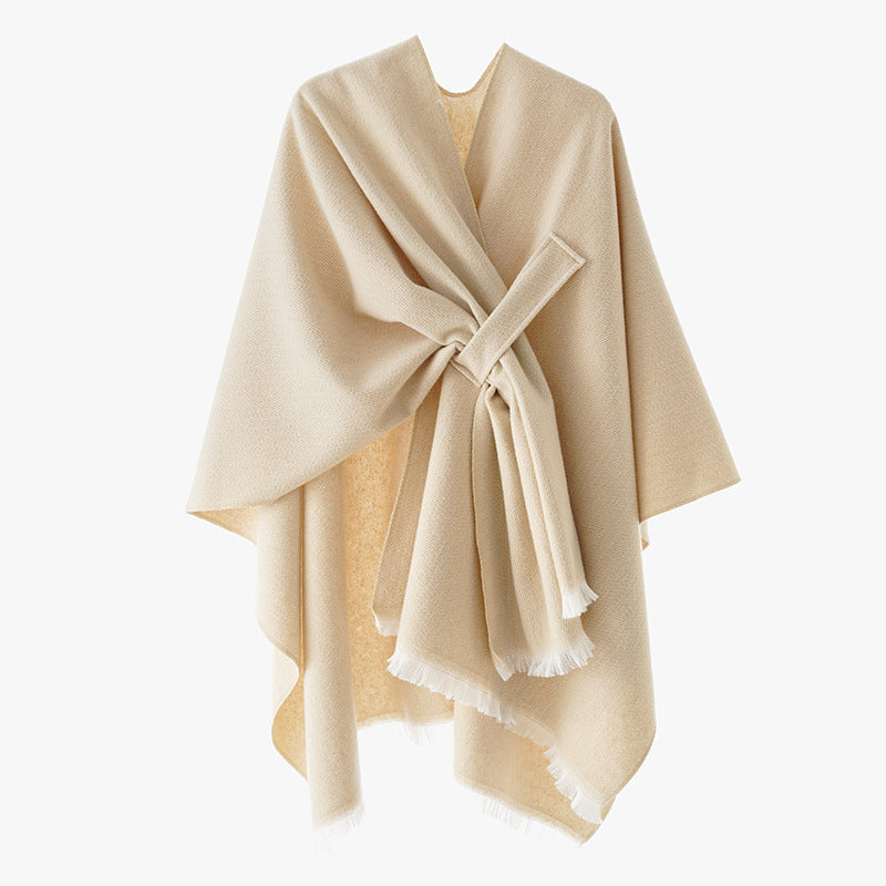 Damen luxuriöser Woll-Kaschmir-Poncho mit Bindegürtel und Fransensaum Shop Nory