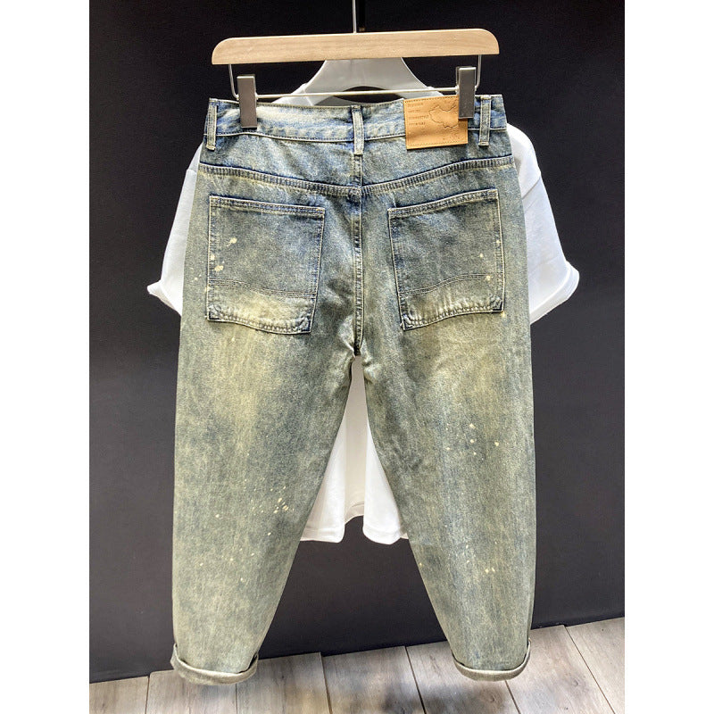 Herren Relaxed-Tapered Vintage-Jeans mit Paint‑Splatter, hohem Bund und umgeschlagenem Saum Shop Nory