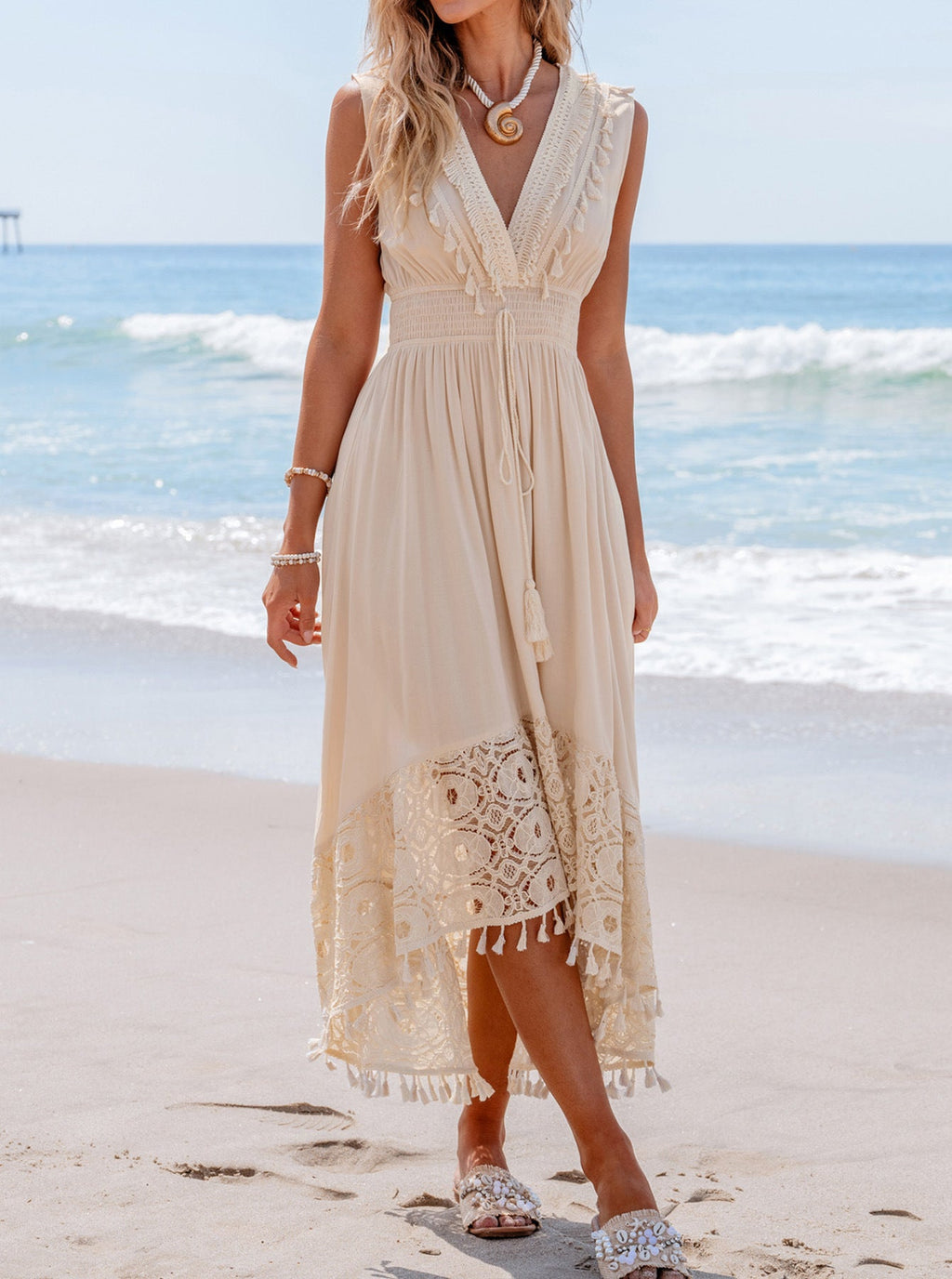 Damen Bohemian Maxikleid mit Spitzen- und Rüschendetails Shopnory