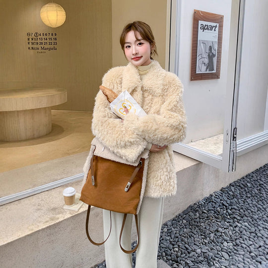 Damen Kurzer Teddy-Mantel mit kuscheliger Kunstfell‑Textur und klassischem Revers Shop Nory