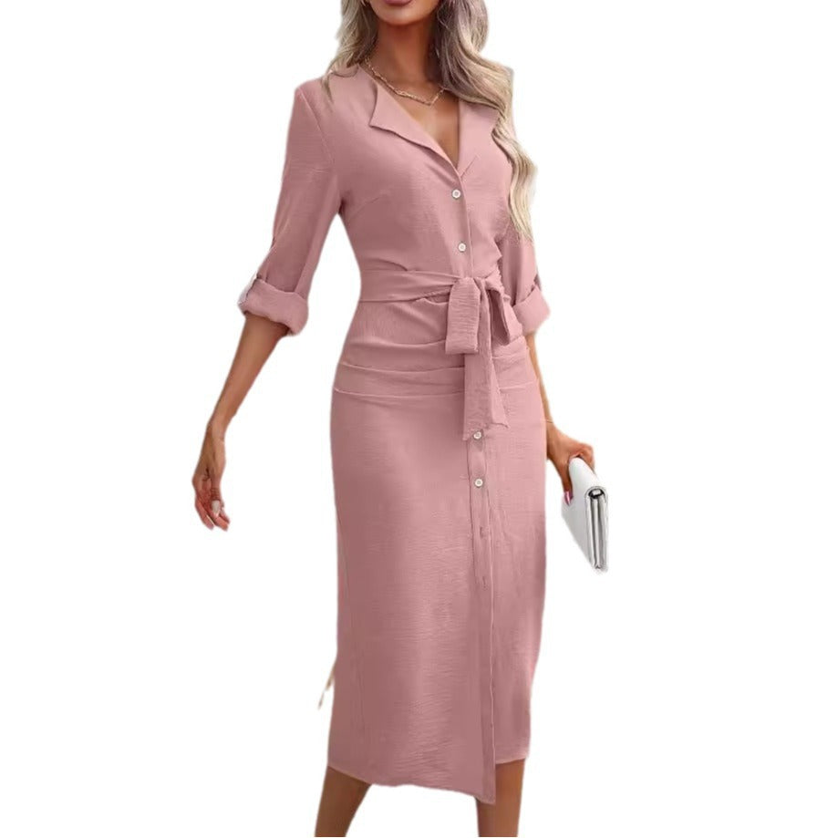 Damen Knielanges Hemdblusenkleid mit Taillengürtel
