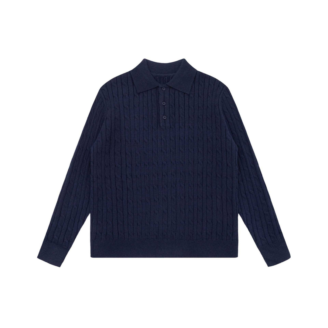 Unisex Grobstrick-Polokragen-Pullover mit Zopfmuster und halber Knopfleiste Shop Nory