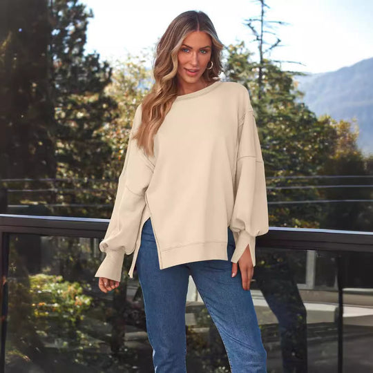 Damen Weiches Longline-Sweatshirt mit Ballonärmeln, seitlichen Schlitzen und geripptem Saum Shop Nory