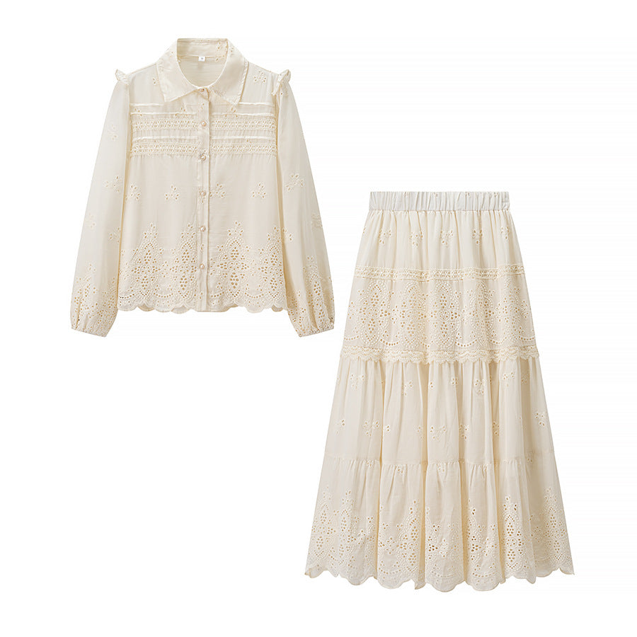 Damen Boho‑Maxikleid mit Stickereien, Spitzenbesatz, elastischer Taille und Hemdkragen Shop Nory