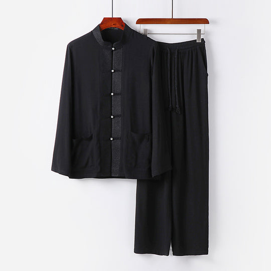 Herren Traditionelles Baumwoll-Loungewear-Set mit Stehkragen Knotenknöpfen und Kordelbundhose Shop Nory