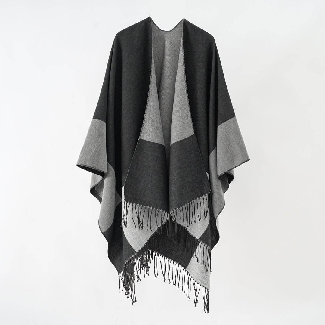 Damen Oversize-Ruana aus Wollmix mit Farbblock‑Design und Fransen Shop Nory