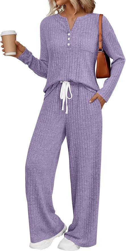Damen Rippstrick-Lounge-Set mit Knopfleiste und weitem Kordelbund-Hose Shop Nory