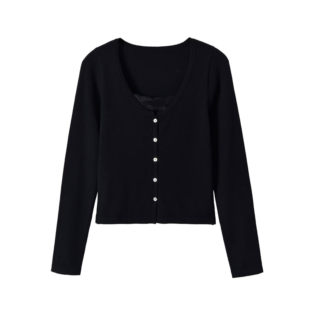 Damen Feinstrick-Cardigan mit Spitzen-Einsatz und durchgehender Knopfleiste Shop Nory