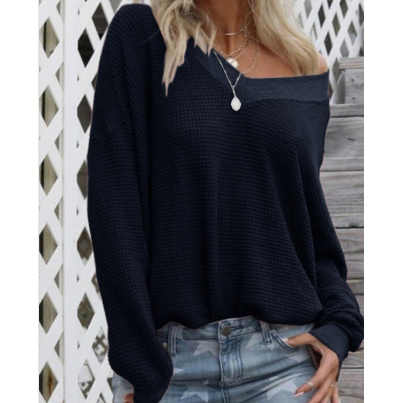 Damen Lockerer Waffelstrick-Pullover mit weitem Off-Shoulder-Ausschnitt und Oversize-Schnitt Shop Nory