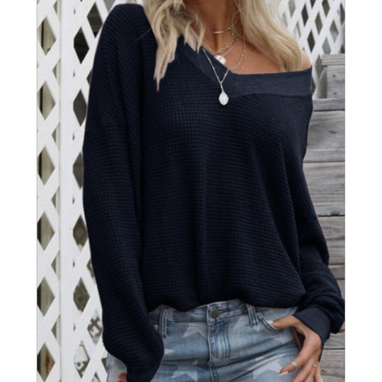 Damen Lockerer Waffelstrick-Pullover mit weitem Off-Shoulder-Ausschnitt und Oversize-Schnitt Shop Nory