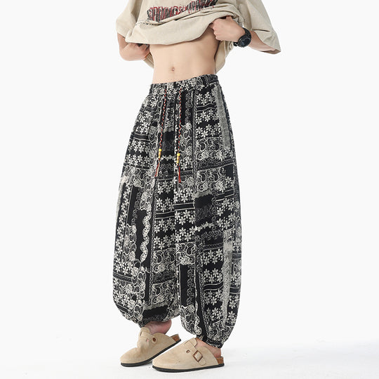 Damen lässige Pluderhose im Ethno-Print mit elastischem Bund, Kordelzug und gesmokten Bündchen Shop Nory