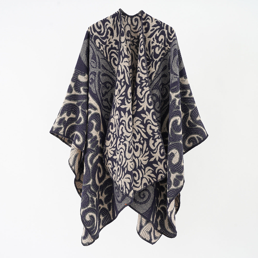 Damen Ornamentaler Jacquard-Capeponcho mit offenem Fall und kastiger Silhouette Shop Nory