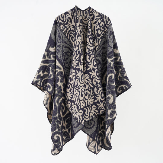 Damen Ornamentaler Jacquard-Capeponcho mit offenem Fall und kastiger Silhouette Shop Nory