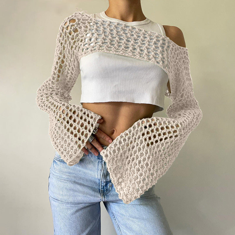 Damen gehäkelter kurzer Bolero mit asymmetrischem Schulterauschnitt und ausgestellten Ärmeln Shop Nory