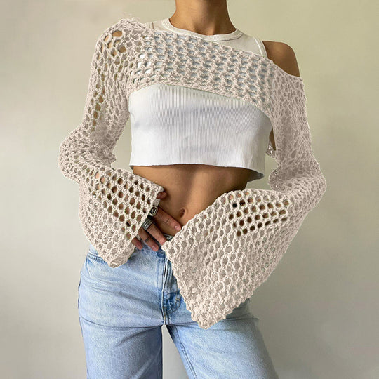 Damen gehäkelter kurzer Bolero mit asymmetrischem Schulterauschnitt und ausgestellten Ärmeln Shop Nory