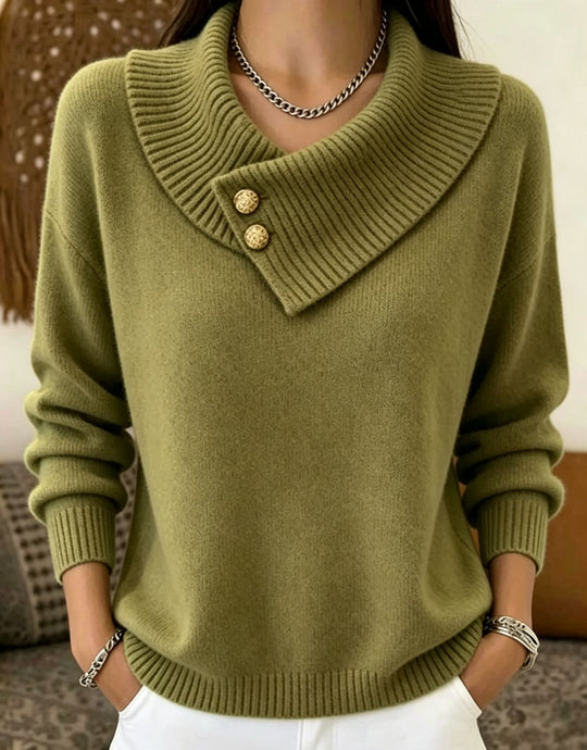 Damen Feinstrick-Pullover mit überlappendem Schalkragen und Zierknöpfen Shop Nory