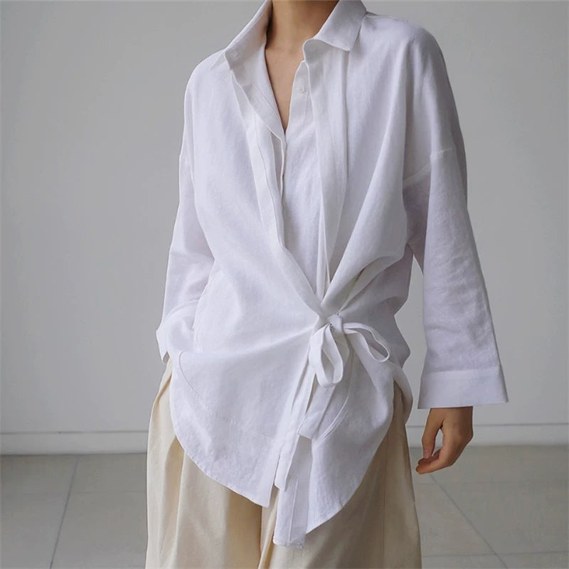 Damen Wickel-Langbluse aus Leinenmix mit Seitenschleife und Oversize-Schnitt Shop Nory