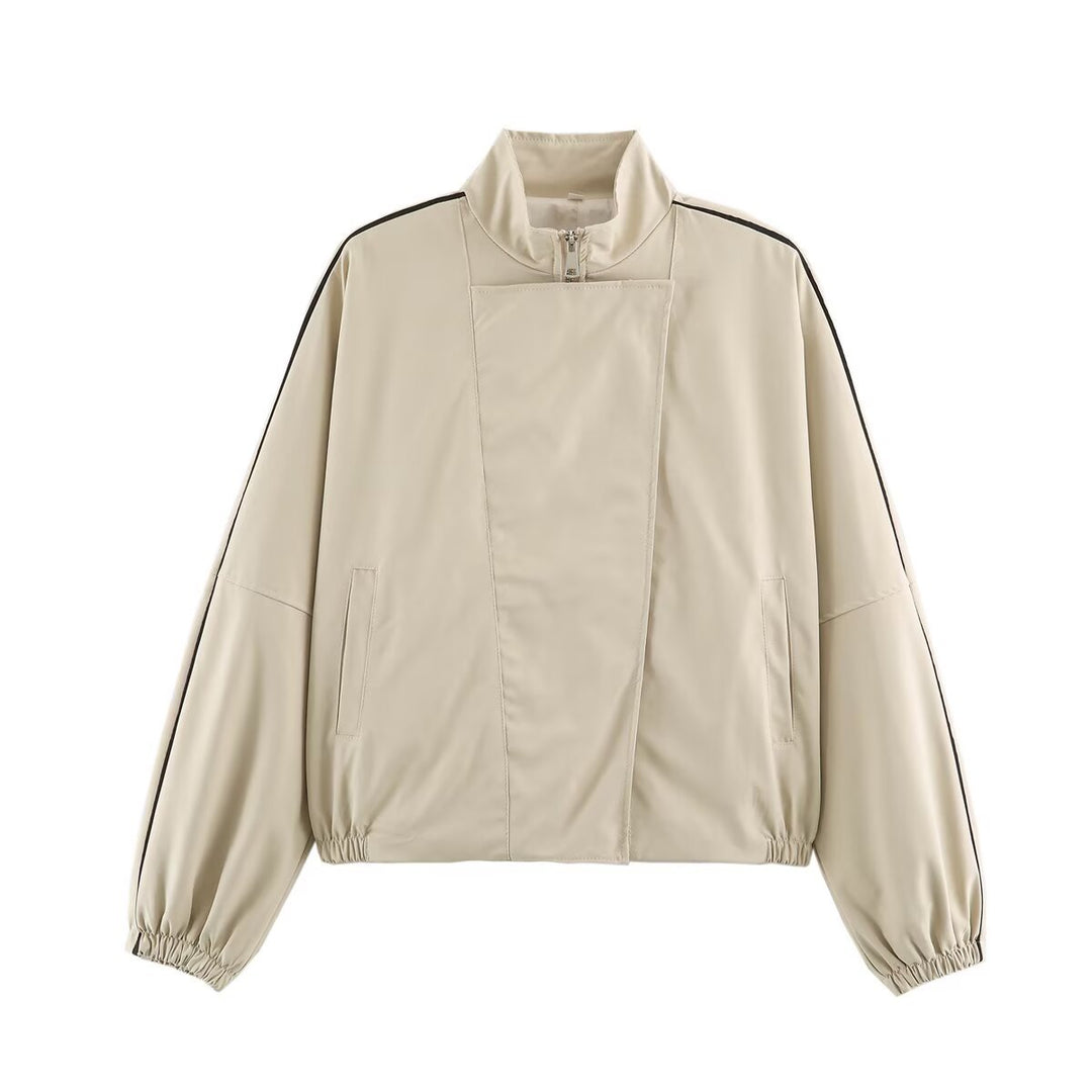 Damen Oversize Bomberjacke im Blouson‑Stil mit hohem Stehkragen, verdecktem Reißverschluss und Kontrastpaspel Shop Nory