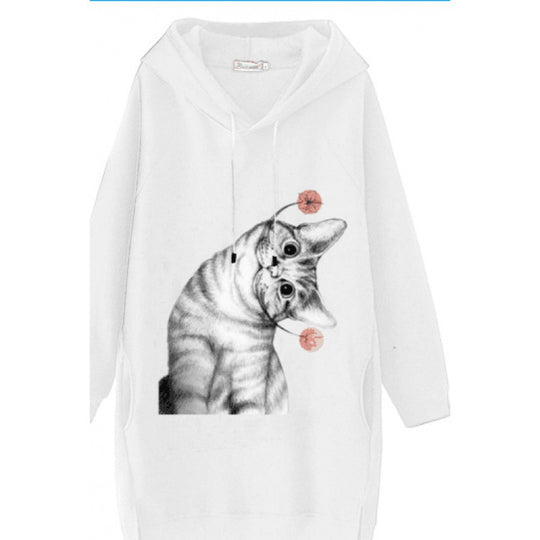 Damen Oversize Kapuzenkleid aus Sweat mit großem Katzenprint und Seitentaschen Shop Nory