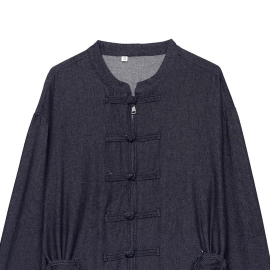 Damen Cropped Jeansjacke im China‑Stil mit Mandarinkragen und Knotenverschlüssen Shop Nory