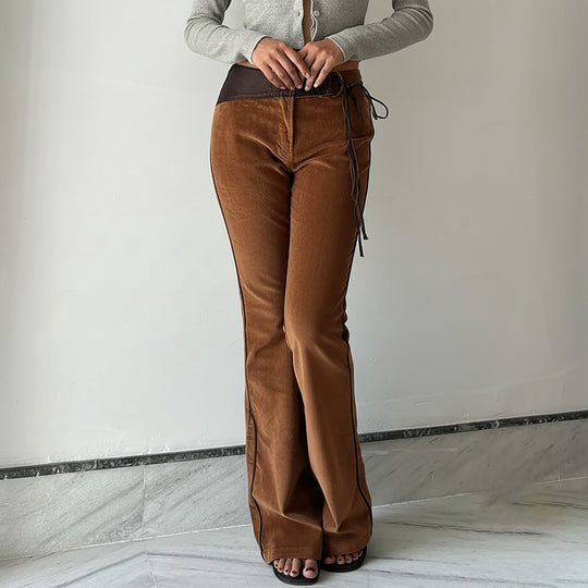 Damen nan ausgestellte Cordhose mit hohem Bund, Lederbesatz und Bindeband Shop Nory
