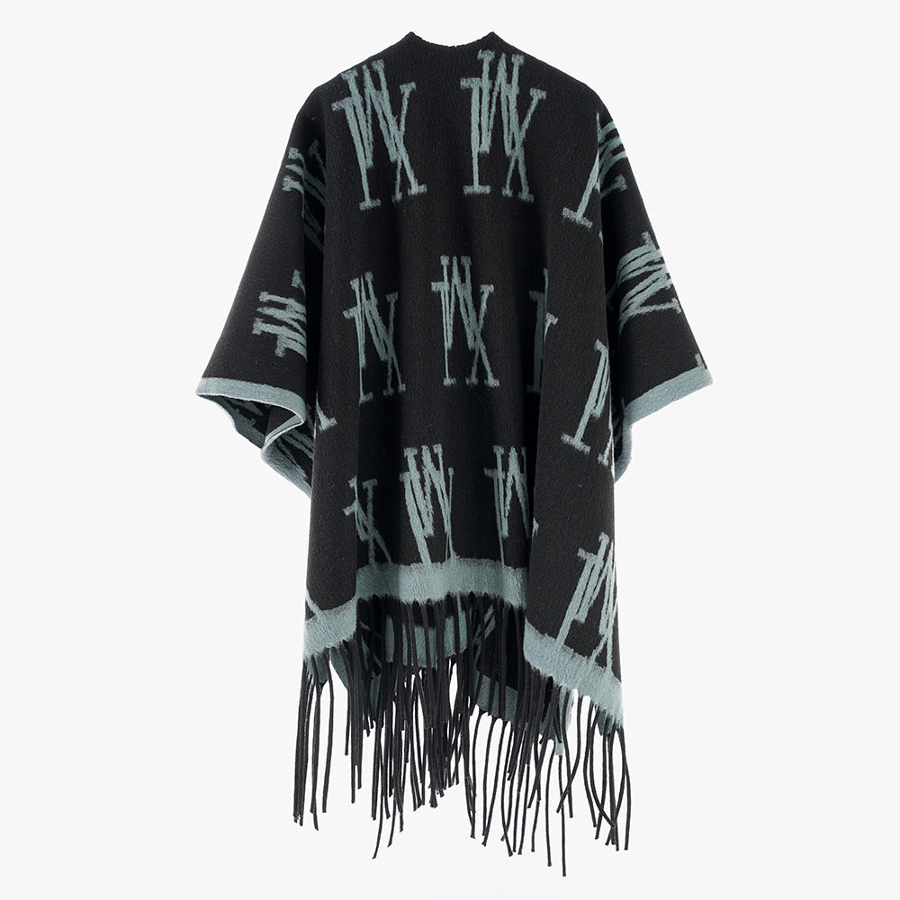 Damen Oversize-Monogramm-Capeponcho aus Wollmix mit Fransensaum Shop Nory