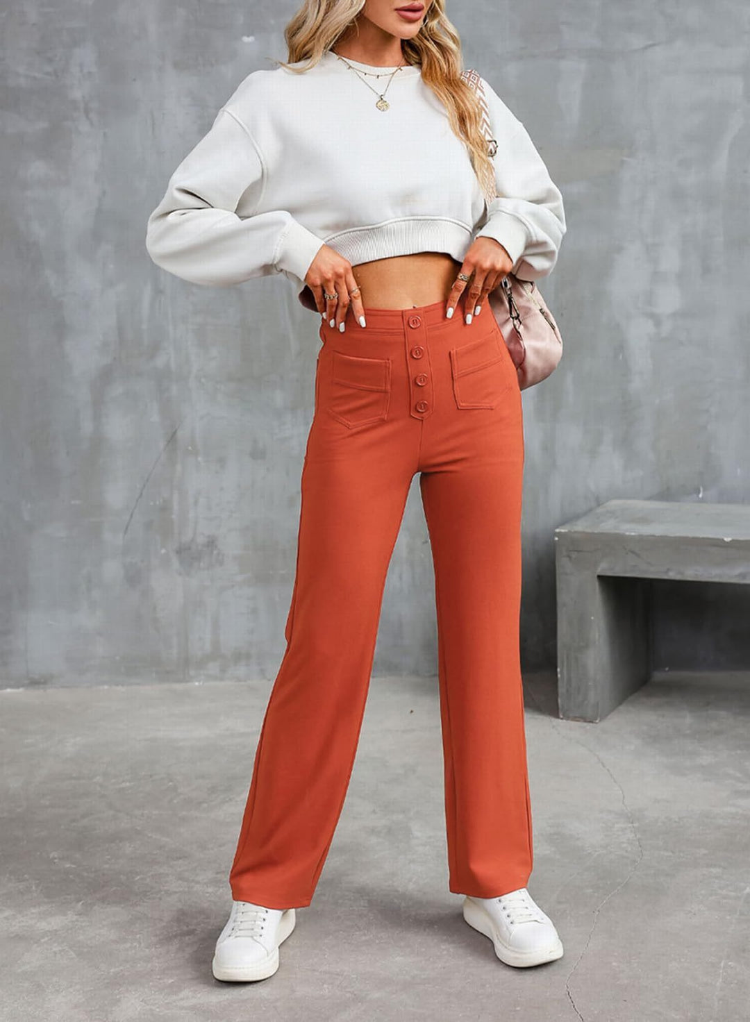 Damen Hochtaillierte weite Hose mit Knopfleiste und aufgesetzten Taschen Shop Nory