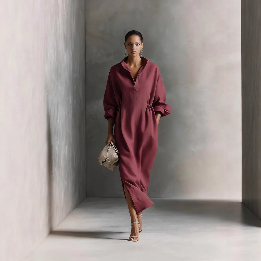 Damen stilvolles Midikleid mit Bindegürtel und klassischem Kragen